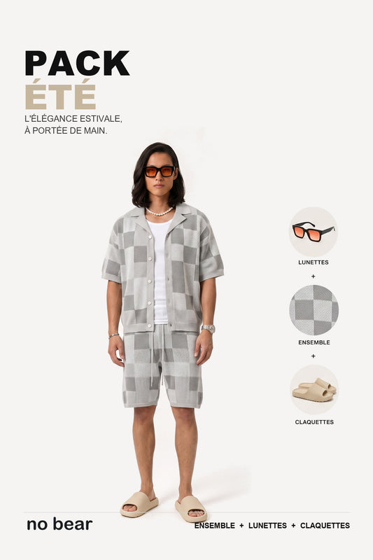 Pack Été No Bear gris : ensemble maille, lunettes, claquettes