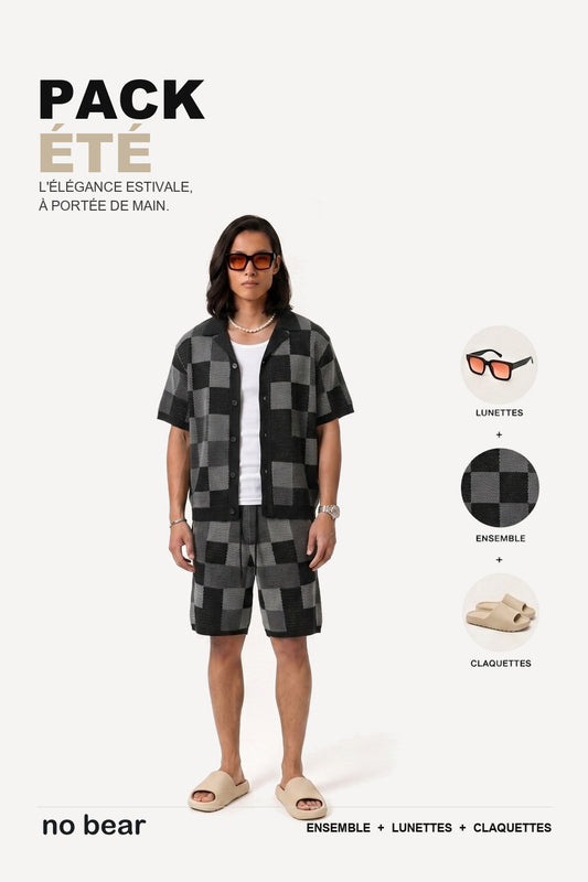 Pack Été No Bear noir : ensemble maille, lunettes, claquettes